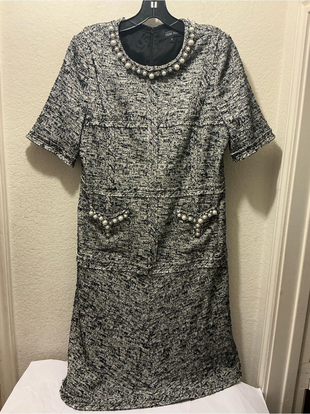 Teri Jon Gray Tweed Mini Dress with Pearl Trim - Picture 3 of 6